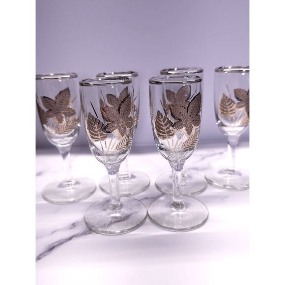 Set Of 6 Vintage Mid-Century Modern Gold Leaf Pattern Cordial Glasses - Picture 10 of 14
